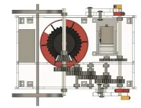 Top-view CAD of the four-stage gear train and snack carousel.