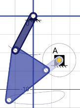 Four-bar leg linkage synthesized in PKMS+, with the foot path traced.