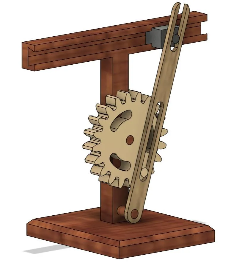 Render of the Whitworth quick-return mechanism on a wooden stand.